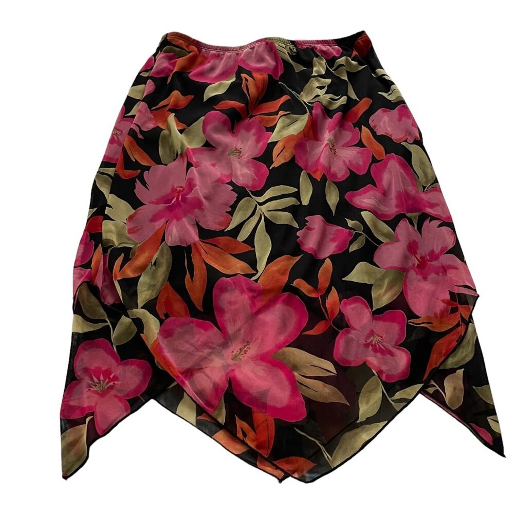 Vtg Y2K Fashion Bug Skirt L Black Coconut Girl Tropical Floral Handkerchief Hem
